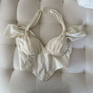 Oh Polly Cream Romantic Crop Top with Voluminous Sleeves